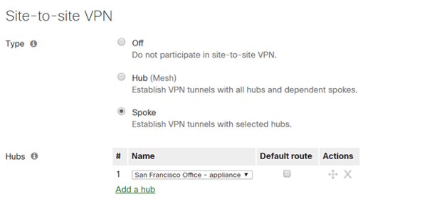 For a Hub and Spoke topology, select the spoke for the remote sites and then select the dedicated hub(s).