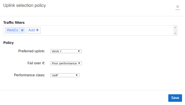 We can also create a Policy that favors a specific WAN connection and if performance becomes poor than failover over to another WAN connection.   This is based on a Performance class which uses maximum latency, jitter and loss to determine when to failover over.