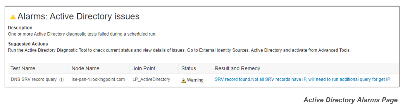 Cisco ISE AD Diagnostic SRV Record Query Alert