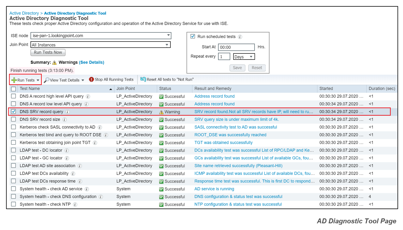 Cisco ISE AD Diagnostic SRV Record Query Alert