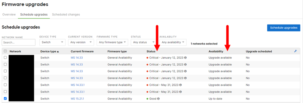 Meraki MS Switches firmware upgrades